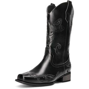 🆕Women Black Cowgirl Boots Pull On Low Chunky Heel Mid Calf Western Embroidered